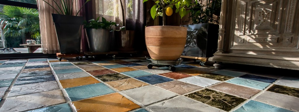 Colorful tile punch on the floor in a living room